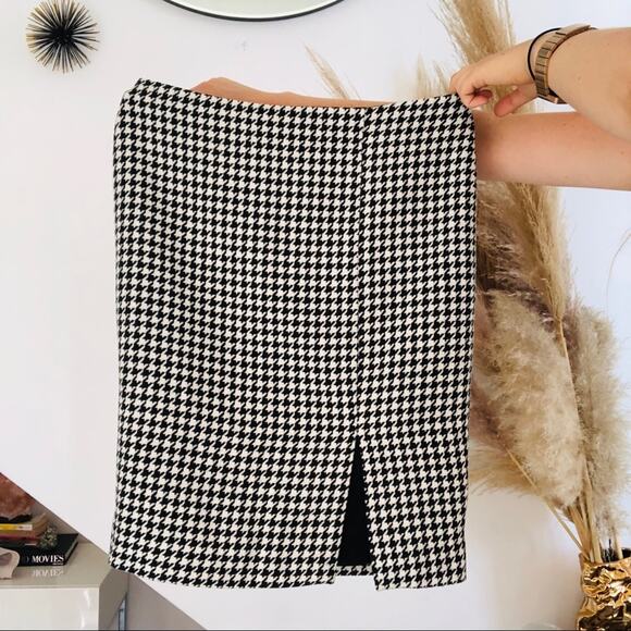 WHBM Black White Houndstooth Pencil Wool Knee length Slit Mini Straight Skirt 4 - Picture 5 of 9